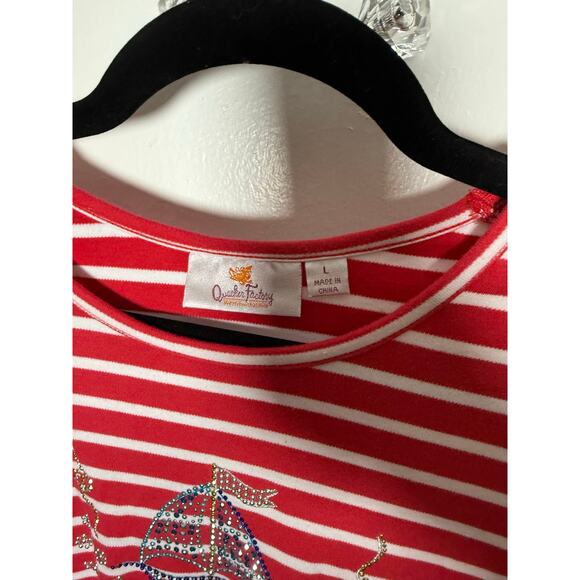 Quacker Factory Red Striped Short Sleeve Sailboat Embellished Sparkle T-shirt L - Picture 5 of 6